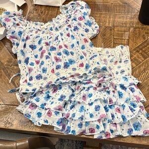 LoveShackFancy Floral Ruffle Skirt in Blue and Pink